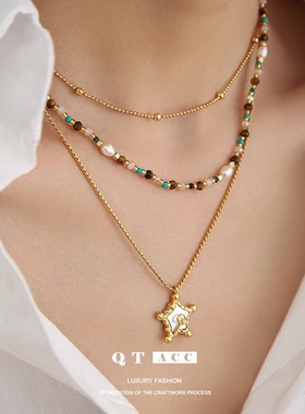 轻奢时尚复古轻奢感虎眼石吊坠串珠项链简约精致秋冬款叠戴组合女