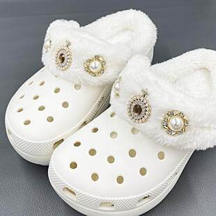 适配crocs洞洞鞋配饰冬天棉毛绒内胆小香风闪钻后跟带鞋带套加绒