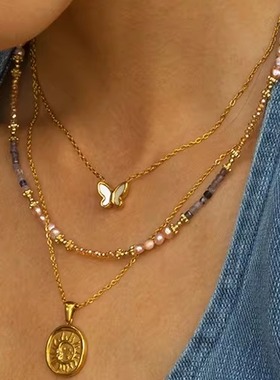 不锈钢镀金淡水珍珠吊坠项链女