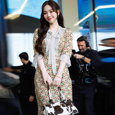 25春夏新款法式拼接波点蝴蝶结收腰显瘦气质优雅碎花连衣裙女款