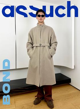 ASSUCH原创设计长款羊毛大衣立领拉链颗粒肌理立体剪裁宽松廓形