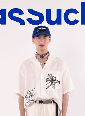 ASSUCH印花宽松短袖古巴领衬衫欧美简约保龄球衬衫aloha shirt