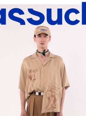 ASSUCH印花宽松短袖古巴领衬衫欧美简约保龄球衬衫aloha shirt