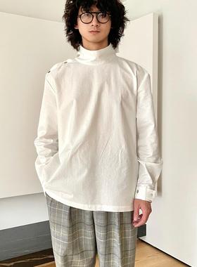 ASSUCH原创高领袢带泡泡纱衬衫击剑服式长袖上衣宽松简约肩部开扣