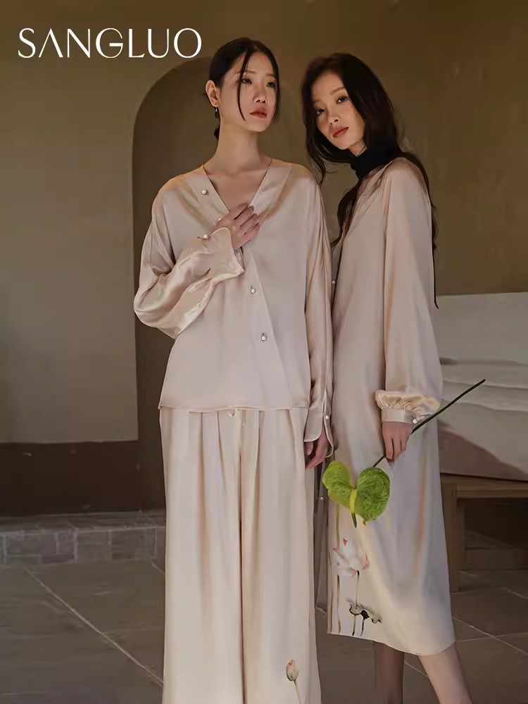 国风斜襟珍珠扣可外穿家居服桑罗女春夏气质长袖真丝睡衣套装