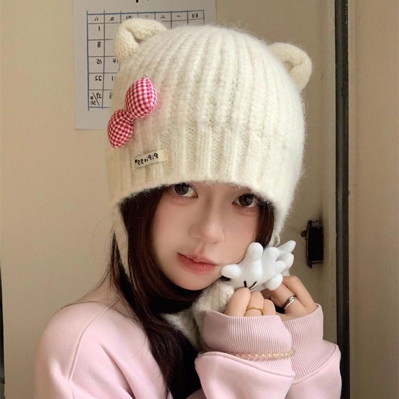 可爱小熊耳朵蝴蝶结针织帽女秋冬甜美百搭毛线帽保暖护耳日系软糯,服饰配件/皮带/帽子/围巾,帽子,淘宝优惠券,粉丝福利购,淘宝优惠卷