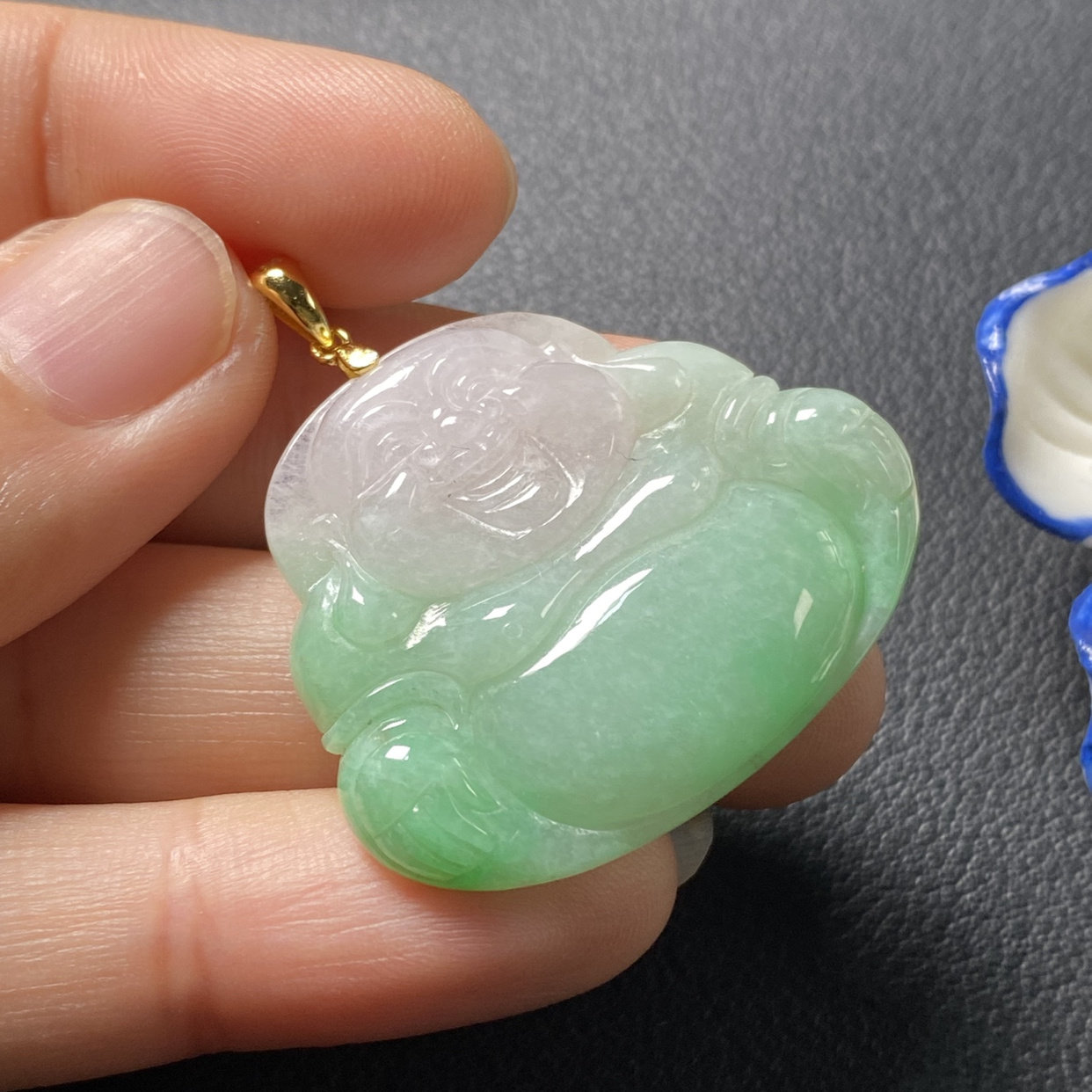 翡翠吊坠玉佛女款笑佛粉底飘色冰糯种a货天然银扣玉石大肚玉佛女