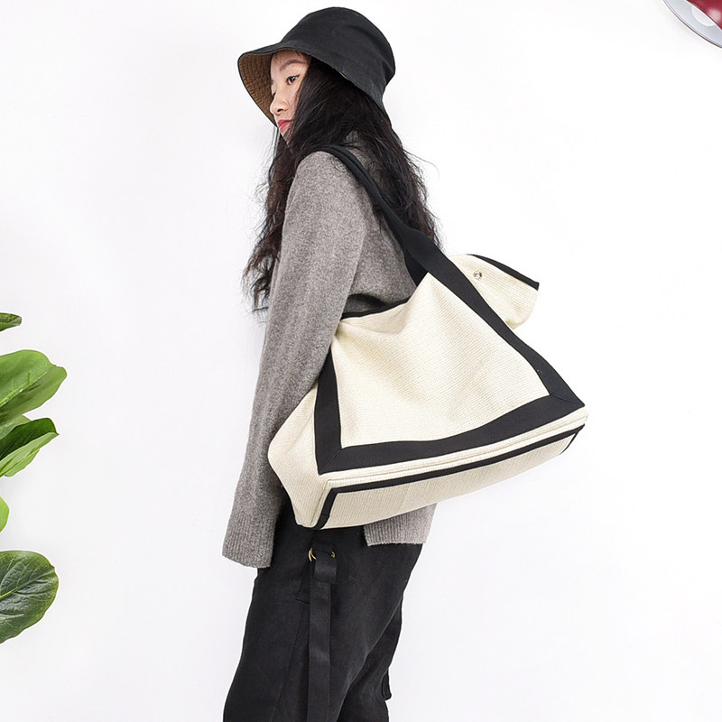 澄心女子原创拼接设计大容量手提包简约欧美风棉麻包包女2025新款