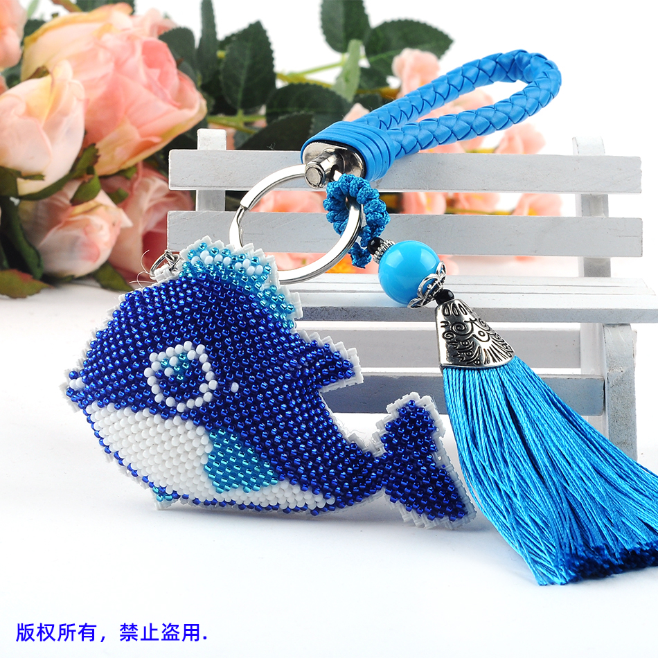 精准印花十字绣穿珠钥匙扣蓝色海豚挂件情侣手工礼物材料包串珠绣