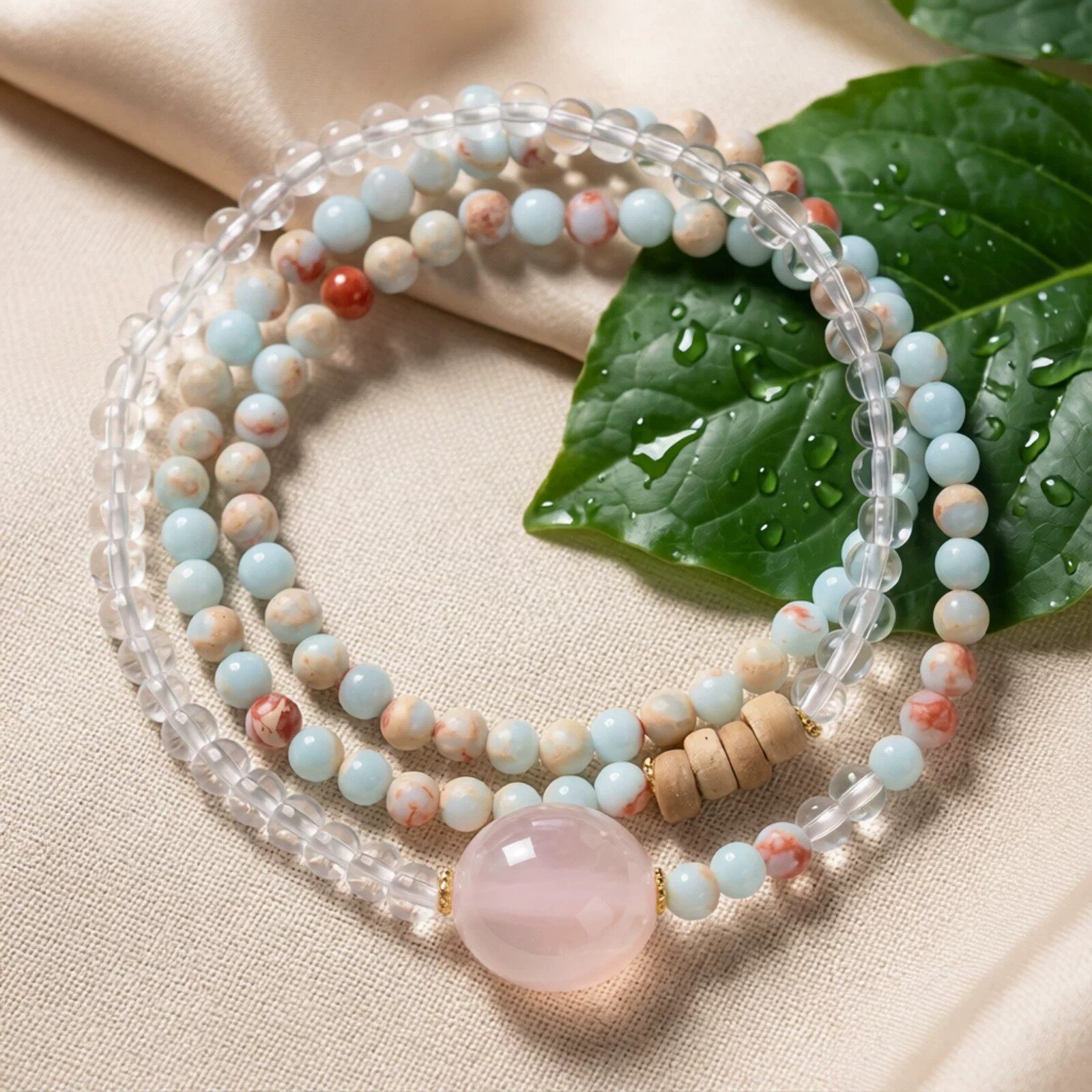 SY手链天然寿山石粉晶貔貅三圈手串新中式吉祥如意国风显白手饰