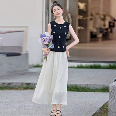 夏季无袖钉珠背心半身裙两件套
