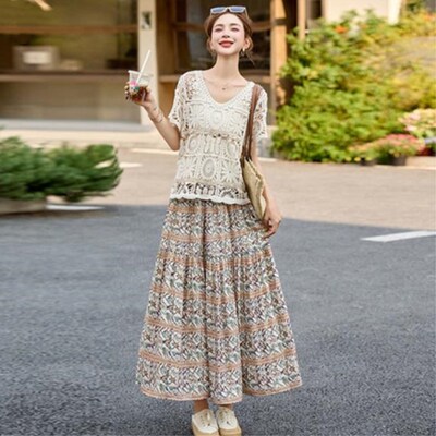 夏季吊带背心镂空罩衫印花三件套