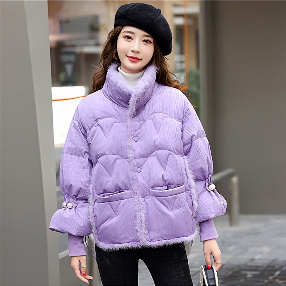 羽绒服女冬季新款大码杭派白鸭绒翻领珍珠小香风拼接水貂毛短外套