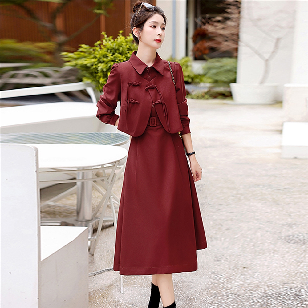 大码翻领单排扣衬衫裙两件套