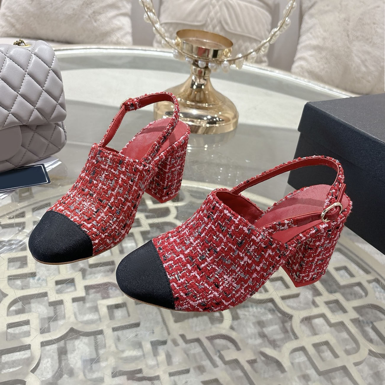 法式优雅粗花呢后空高跟鞋女26春新款小香风粗跟气质宴会单鞋凉鞋,女鞋,时装凉鞋,淘宝优惠券,粉丝福利购,淘宝优惠卷