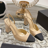 女单鞋 25春夏新款 粗跟包头侧空法式 凉鞋 真皮小香风单鞋 拼色高跟鞋