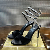 法式 复古丝绒露趾蛇形缠绕水钻高跟凉鞋 性感细跟绝美仙女名媛宴会