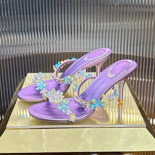 法式 女细跟高跟凉拖仙女高级感绝美 甜美水钻花朵一字拖26早春新款