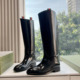 高级感2024小香风开边珠牛皮骑士靴法式 复古低跟高筒靴不过膝长靴