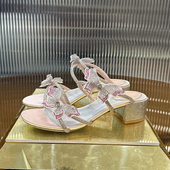 水钻蝴蝶粗跟凉鞋 女夏一字带高跟拖鞋 法式 绝美25新款 仙女风凉拖鞋