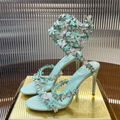 仙女性感露趾细跟凉鞋 绝美水钻花朵蝴蝶蛇形缠绕高跟鞋 法式 25新款