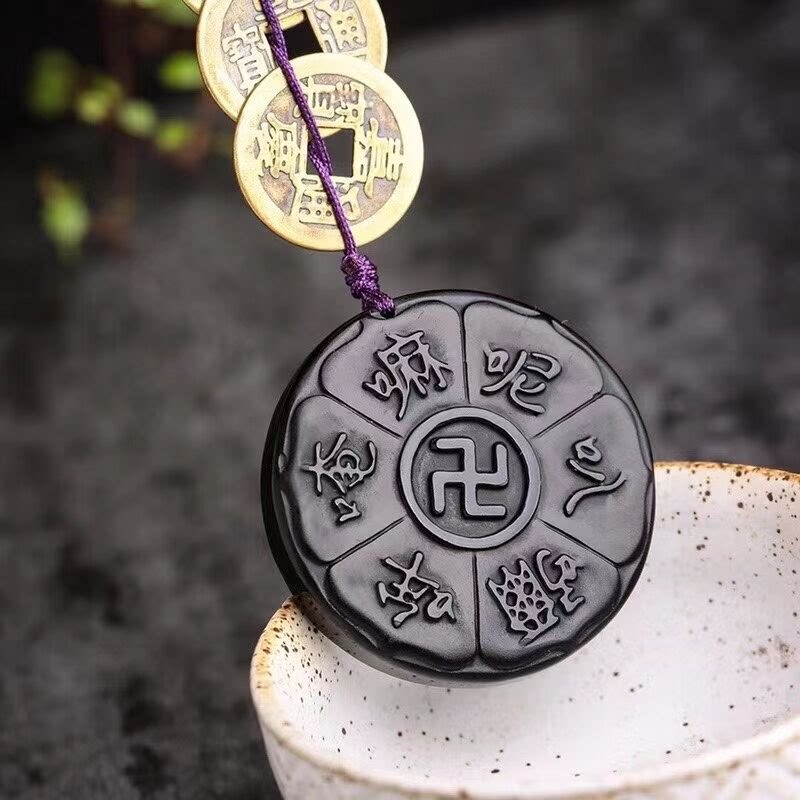 2024龙年天然黑曜石六字真言十二生肖情侣吊坠五帝钱车挂男女礼物