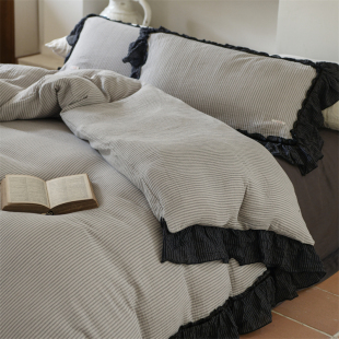 复古森系竖条荷叶边全棉双层纱四件套 柔软绉布纱细条纹床上用品