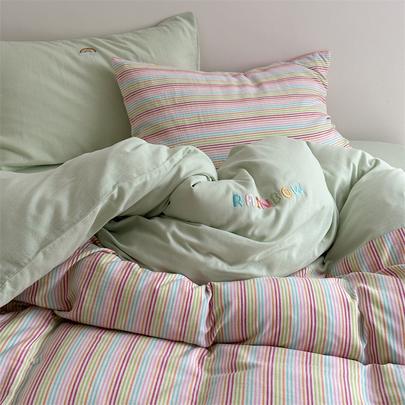 太太说| 少女心彩色细条纹双层纱四件套纯棉透气简约彩虹刺绣床品