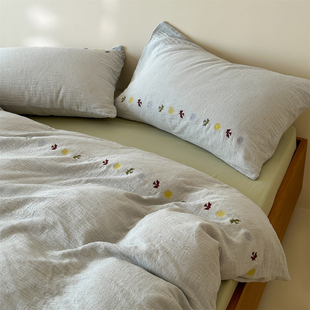 复古森系色织彩点绉布双层纱四件套 柔软透气刺绣名宿文艺风床品