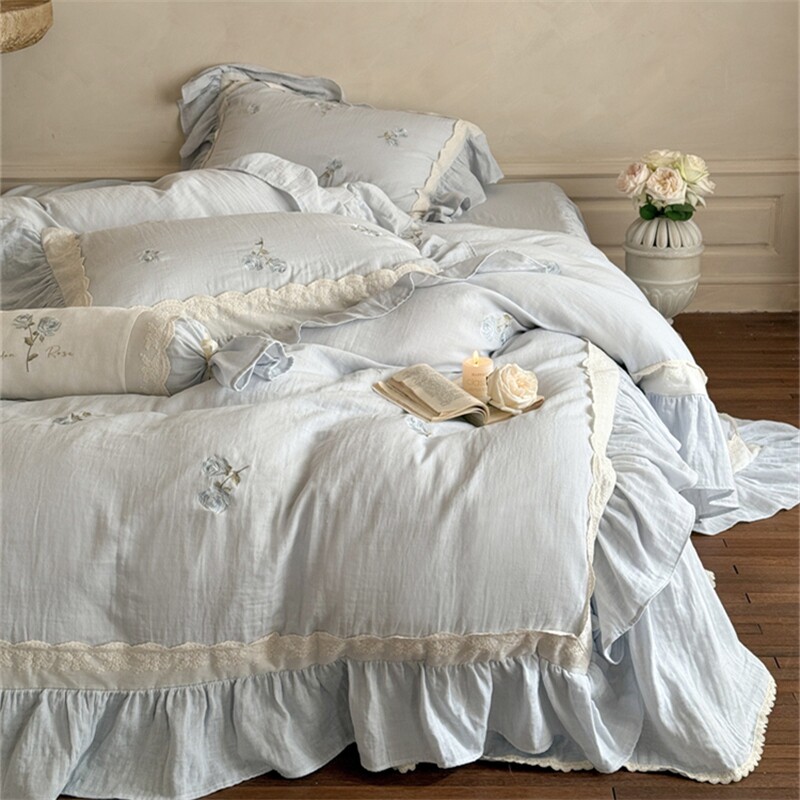 法式蕾丝荷叶边玫瑰皱皱纱四件套| 纯棉刺绣双层纱床裙式床上用品