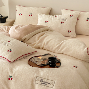 ins风少女心小樱桃绵羊绒四件套保暖刺绣甜美韩式牛奶绒床上用品