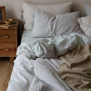 慵懒简约日式 柔软天丝棉麻蝴蝶结绑带森系床品 竖条纹提花四件套