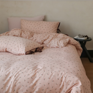 日式 纯棉柔软A类森系田园风床品 少女心樱桃蝴蝶结针织棉四件套