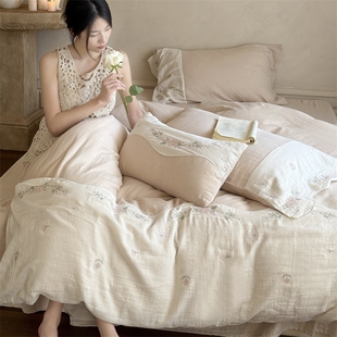 复古法式 柔软素雅森系花卉刺绣床上用品 田园风纯棉双层纱四件套