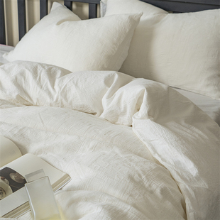 日式名宿风纯色全棉水洗棉四件套森系纯棉纹理感素雅白色床上用品