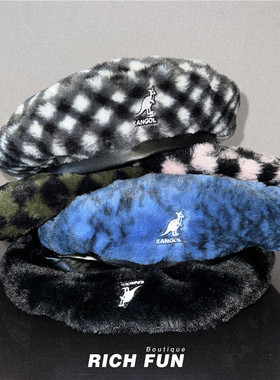 袋鼠Kangol Faux Fur Beret秋冬仿皮草毛绒格纹棋盘格贝雷帽男女