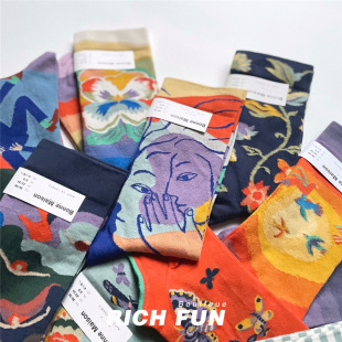 2件9折 MAISON文艺创意小众设计中筒薄棉网红袜子男女 法国BONNE