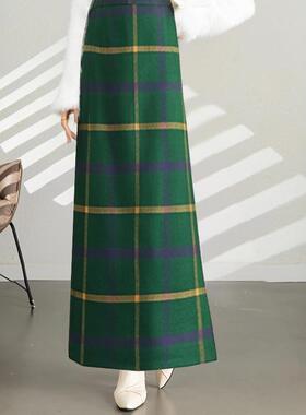 RL优雅气质超长围裹裙加厚羊毛呢半身裙A字裙松紧系扣半裙冬季女