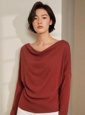 RL法式慵懒松弛感荡领长袖上衣慕斯羊绒针织衫毛衫打底衫内搭大码