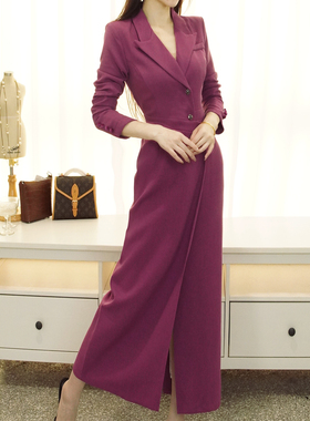 OL职场百搭长款梭织西装连衣裙秋冬季新款两穿式加长外套高个大码