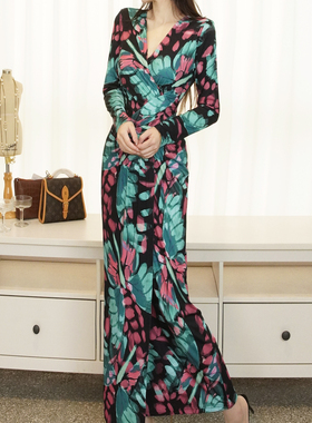 RL2025秋重工女神赫本风造型褶收腰显瘦长袖连衣裙超长裙高个大码