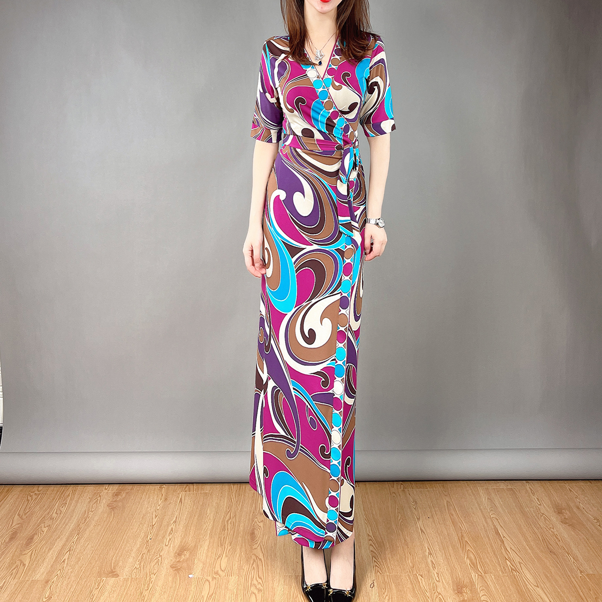 RL法式茶歇裙民族风裹身裙连衣裙