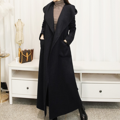 双面手缝羊毛超长大衣显瘦大码女