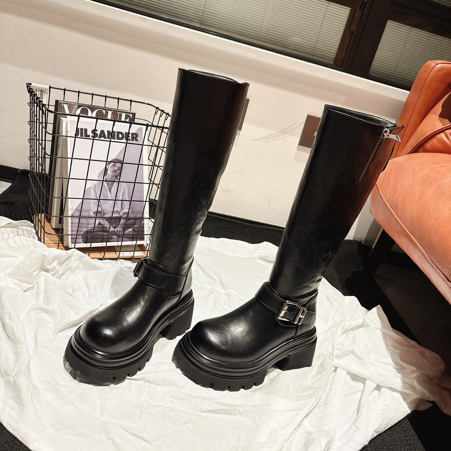 7.5cm增高~厚底皮带扣高筒骑士靴