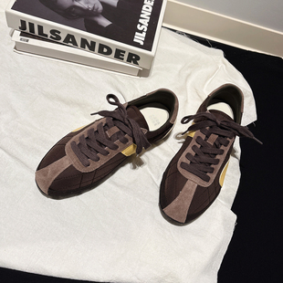 显脚小~真皮拼接超软平底德训鞋女配堆堆袜休闲鞋ins运动学生女鞋