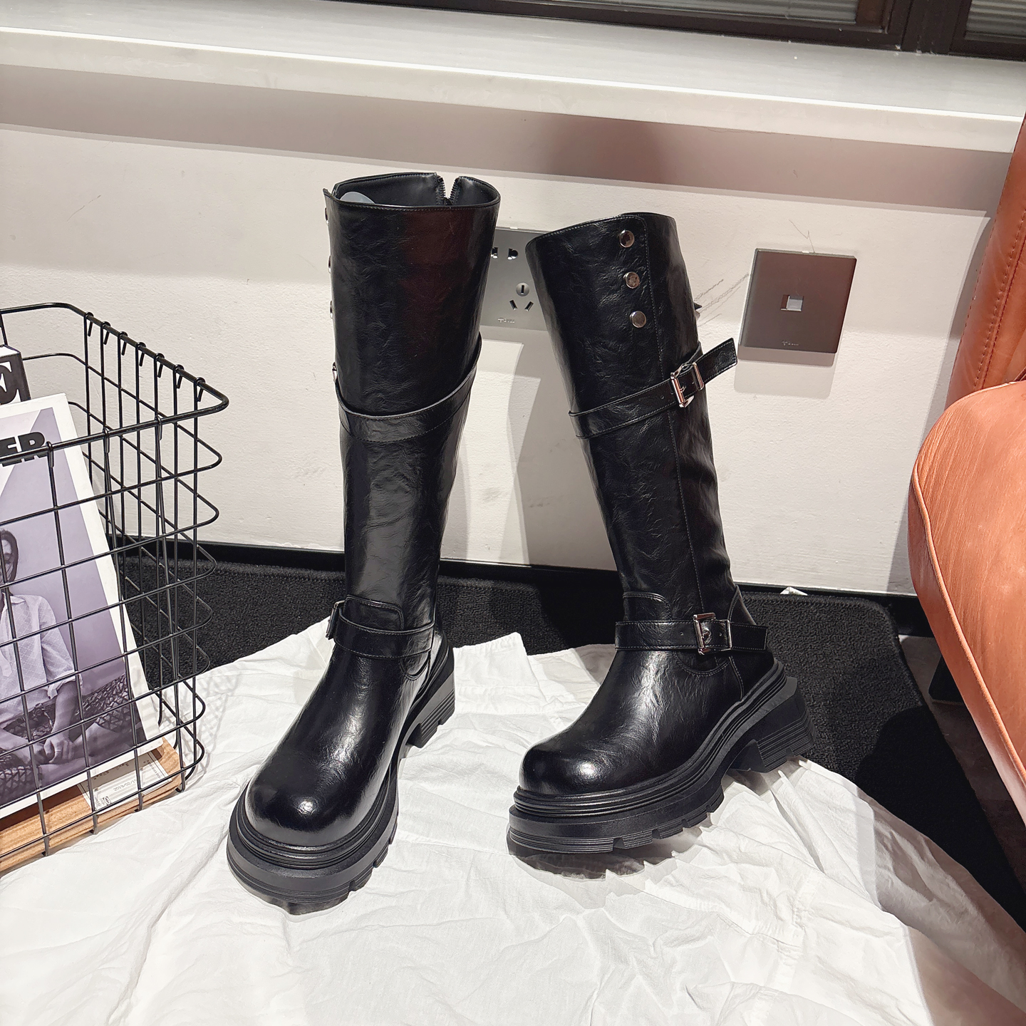 7CM增高~厚底皮带扣不过膝长筒靴