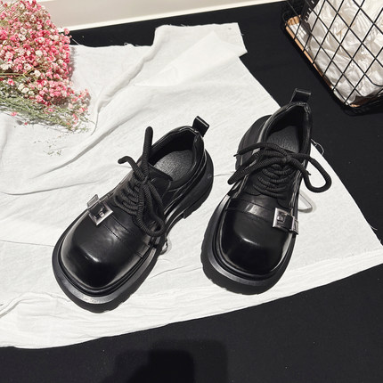 7CM增高~轻便厚底翘头德比鞋真皮配堆堆袜皮带扣小皮鞋系带牛津鞋