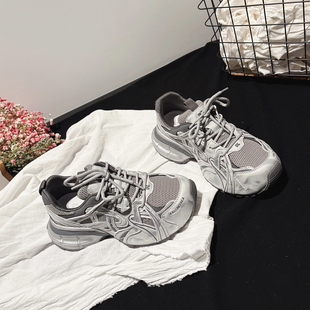 轻便厚底银色老爹鞋 休闲鞋 女春款 配阔腿裤 港风潮酷运动鞋 5CM增高