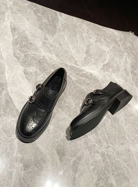 布洛克雕花~小牛皮低跟乐福鞋女孟克鞋冬新款加绒jk小皮鞋ins女鞋