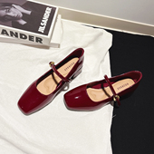 4CM 中跟温柔仙女鞋 漆皮一字带粗跟玛丽珍鞋 女配袜子浅口方头单鞋